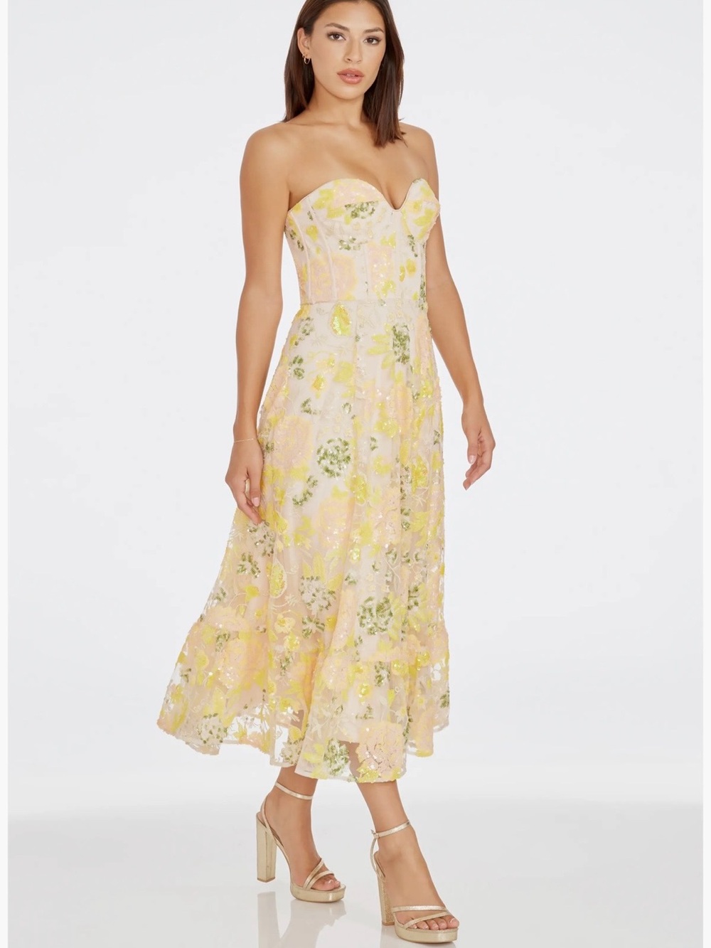 Dress the Population Carina Sequin Appliqué Midi Dress in Canary Multi, Sz XS